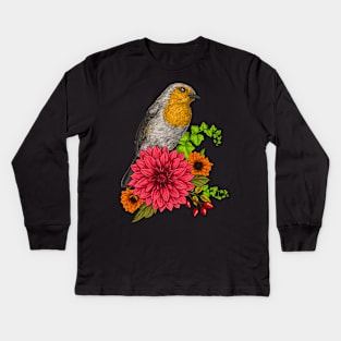 Robin on bouquet of flowers Kids Long Sleeve T-Shirt